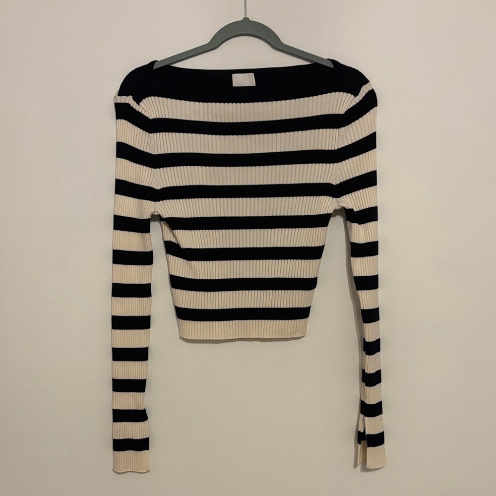 H&M Black and Cream Ribbed Boatneck Top